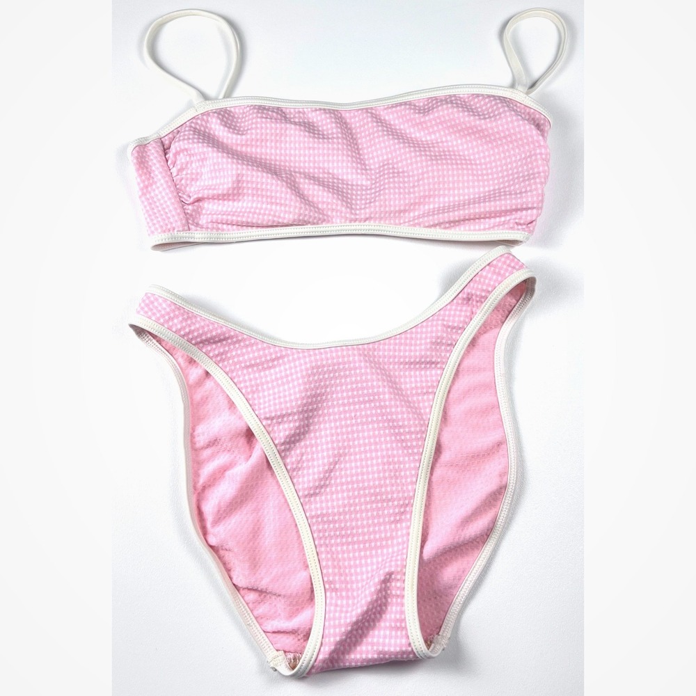 Gingham Bikini Set Womens Small Pink Excellent High Cut Bandeau G0035 - Picture 1 of 6